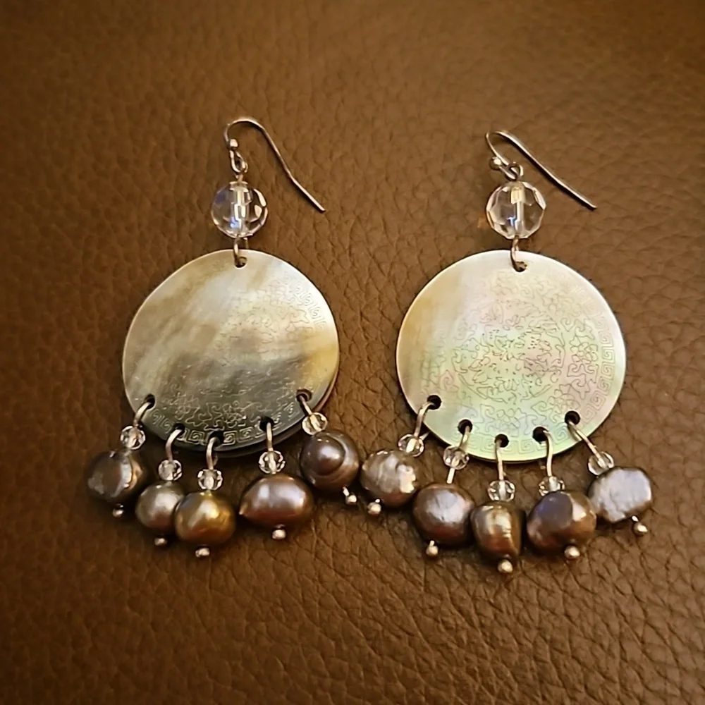 Vintage Abalone Shell Freshwater Pearl Chandalier Festival Dangle Hook Earrings